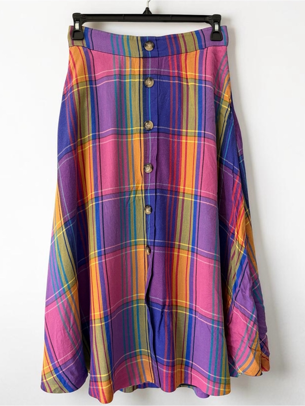 Ann Taylor Colorful Plaid Button-Front Fit and Flare Midi Skirt
